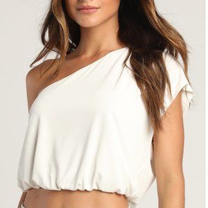 NWT Lulu's white one-shoulder bubble hem crop top